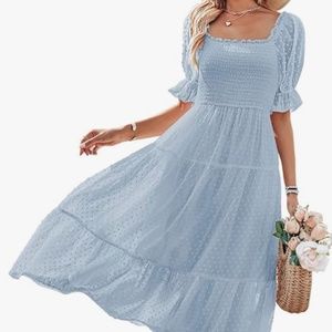 MEROKEETY Long Sleeve Crewneck Swiss Dot Smocked Midi Dress
